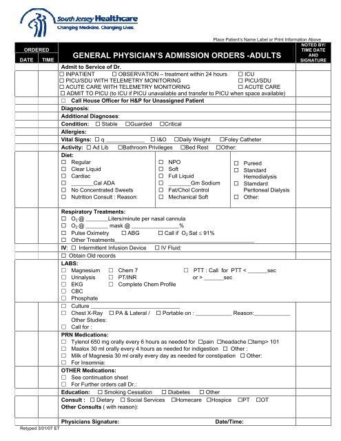 GENERAL PHYSICIAN'S ADMISSION ORDERS -ADULTS