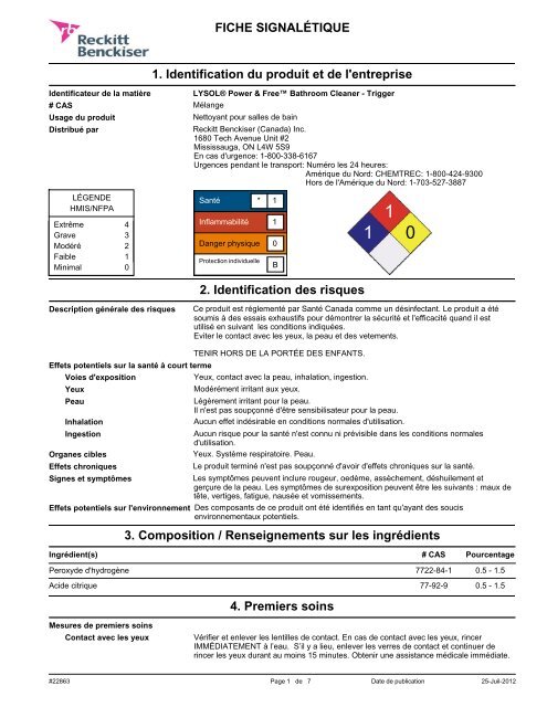 FICHE SIGNALÉTIQUE 1. Identification du ... - Reckitt Benckiser