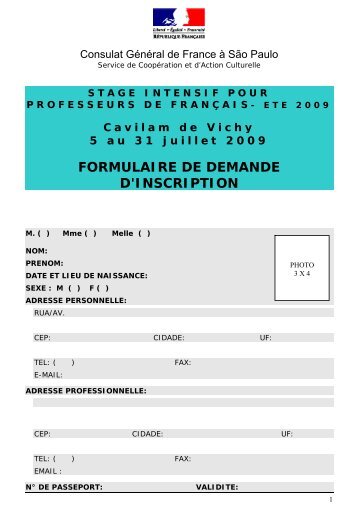 FORMULAIRE DE DEMANDE D'INSCRIPTION