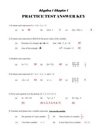 Algebra 1 Chapter 1 PRACTICE TEST ANSWER KEY