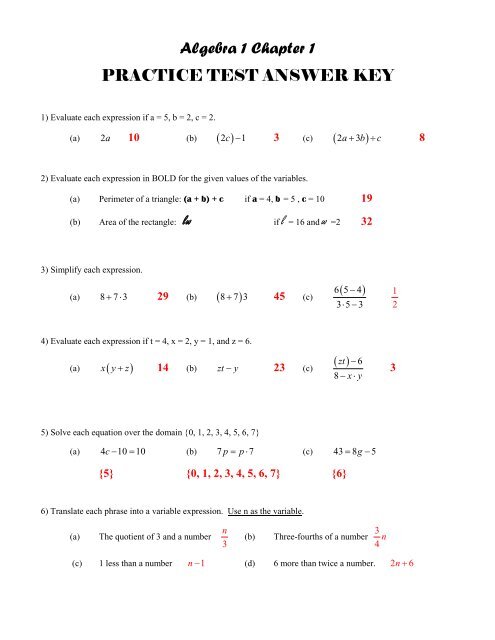 Algebra 1 Chapter 1 PRACTICE TEST ANSWER KEY