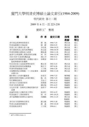 廈門大學明清史博碩士論文索引(1984-2009) - 東吳大學
