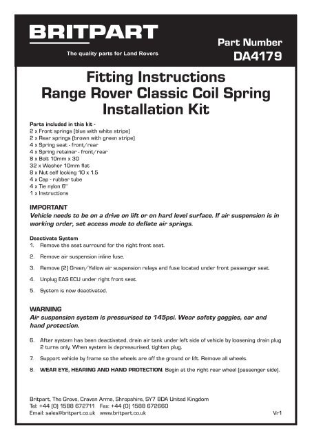 Fitting Instructions Range Rover Classic Coil Spring Installation Kit