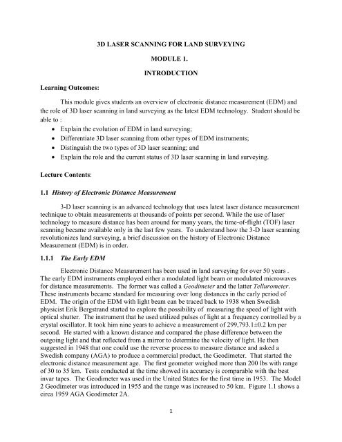 3D LASER SCANNING FOR LAND SURVEYING MODULE 1 ...