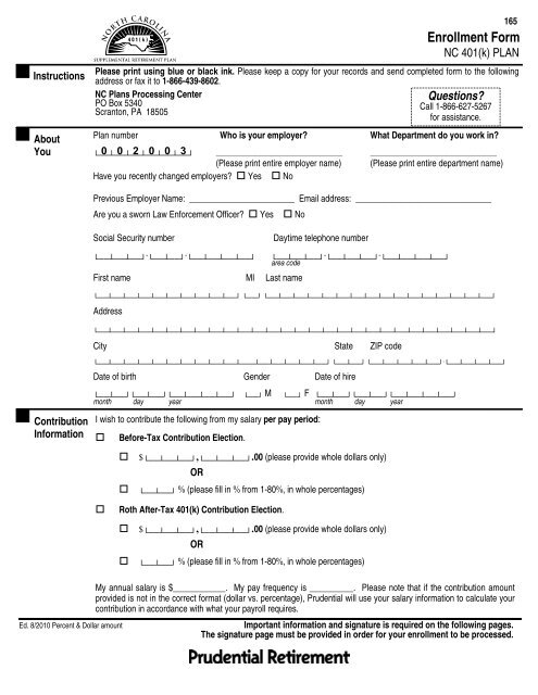 NC 401(k) Plan enrollment form - Prudential Retirement