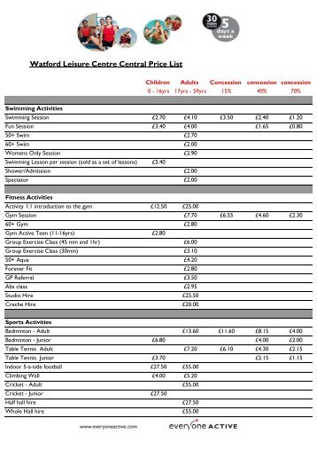 Watford Leisure Centre Central Price List - Everyone Active