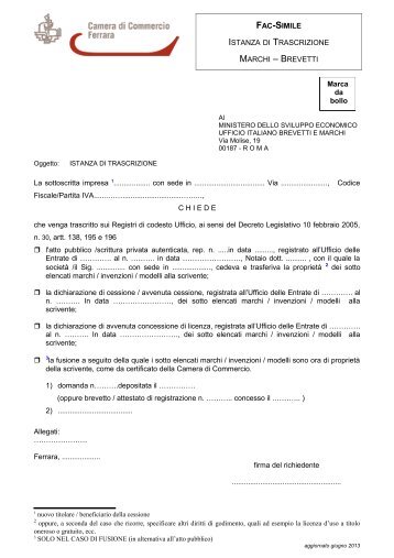 FAC-SIMILE ISTANZA DI TRASCRIZIONE MARCHI â BREVETTI La ...