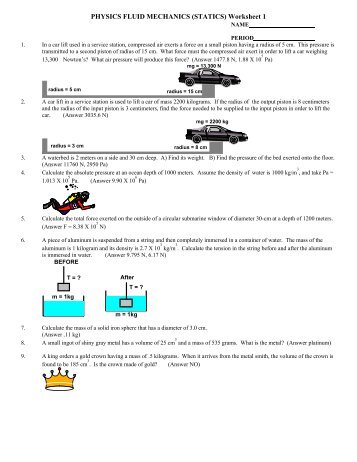 PHYSICS FLUID MECHANICS (STATICS) Worksheet 1