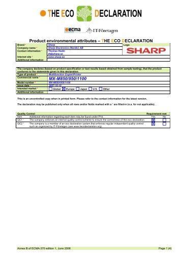 THE ECO DECLARATION MX-M850/950/1100 - Sharp