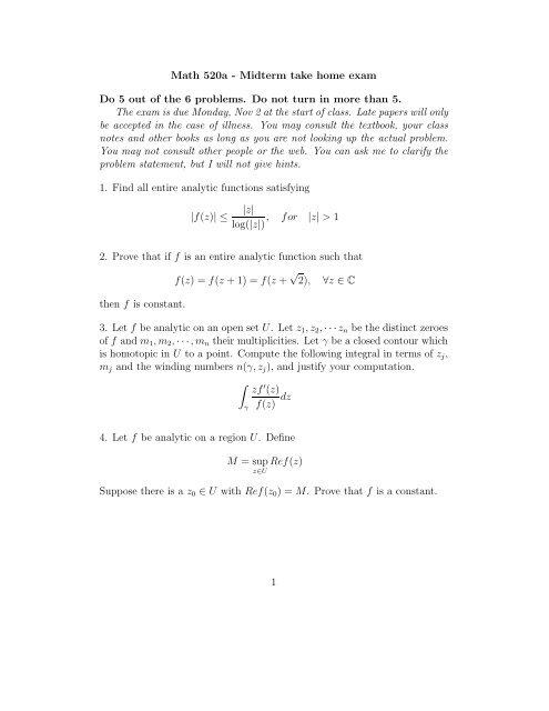 Math 520a - Midterm take home exam Do 5 out of the 6 problems ...