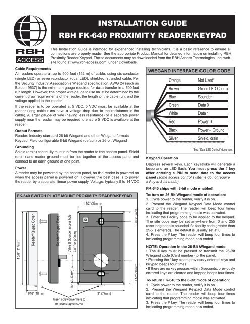 installation guide rbh fk-640 proximity reader/keypad - TristateTelecom