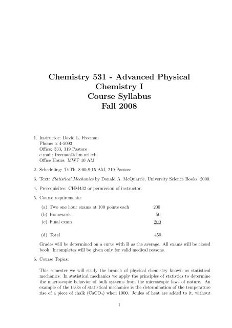 Advanced Physical Chemistry I Course Syllabus Fall 2008 - URI ...