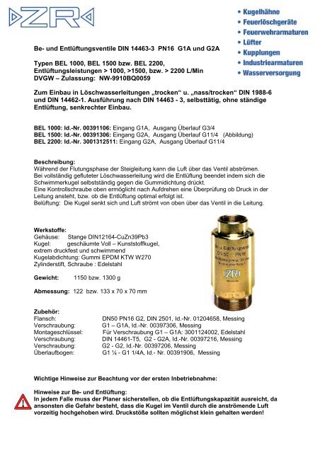 BEL 1000 1500 2200 Bedienungsanleitung - ZR Armaturen GmbH