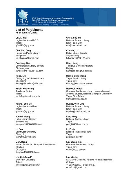 Participant List as at June 30th, 2012