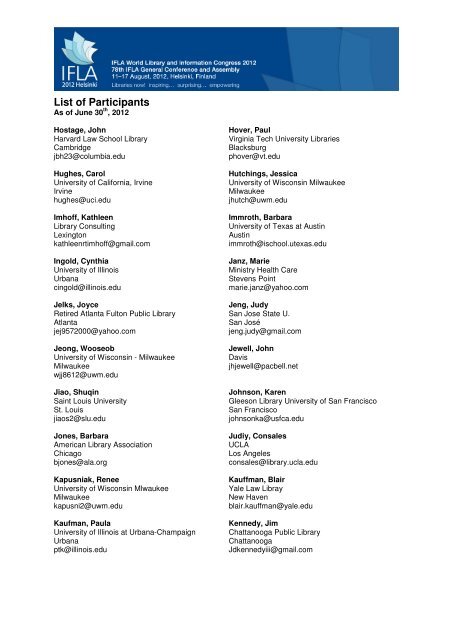 Participant List as at June 30th, 2012