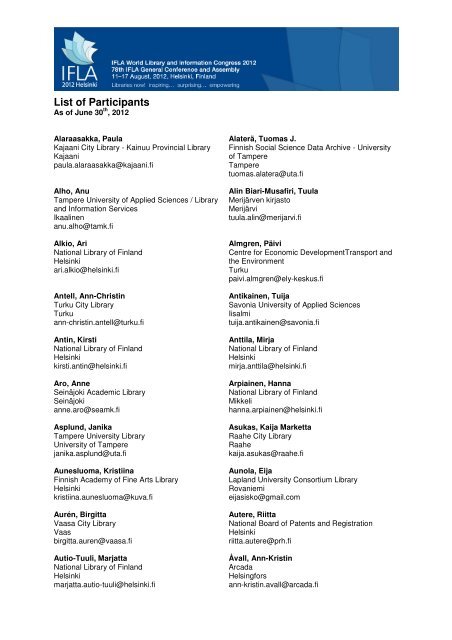 Participant List as at June 30th, 2012