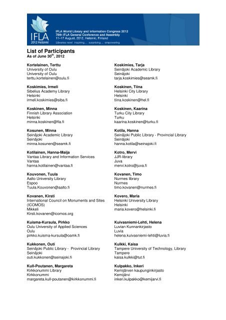 Participant List as at June 30th, 2012