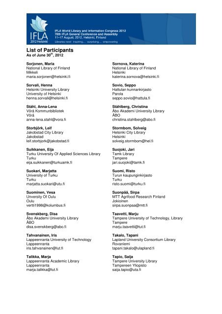 Participant List as at June 30th, 2012