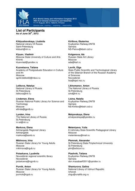 Participant List as at June 30th, 2012