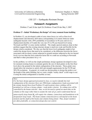 CEE 227 -- Earthquake Resistant Design Homework Assignments
