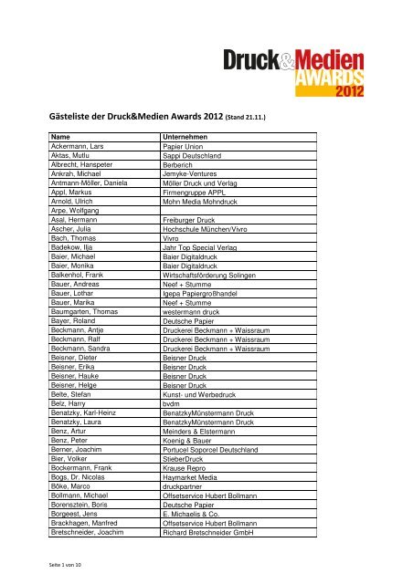 Gästeliste der Druck&Medien Awards 2012 (Stand 21.11.)