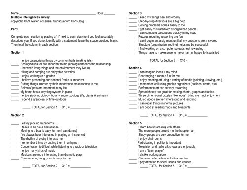 Multiple Intelligences Survey copyright 1999 Walter McKenzie