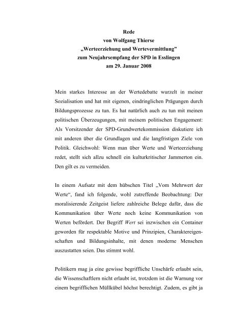 Rede von Wolfgang Thierse „Werteerziehung und Wertevermittlung ...