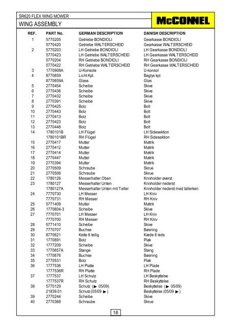 SR620 Flex Wing Mower - Parts Manual - McConnel