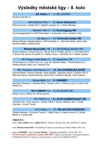 VÃ½sledky mÄstskÃ© ligy â 8. kolo - ObchodyVM.cz