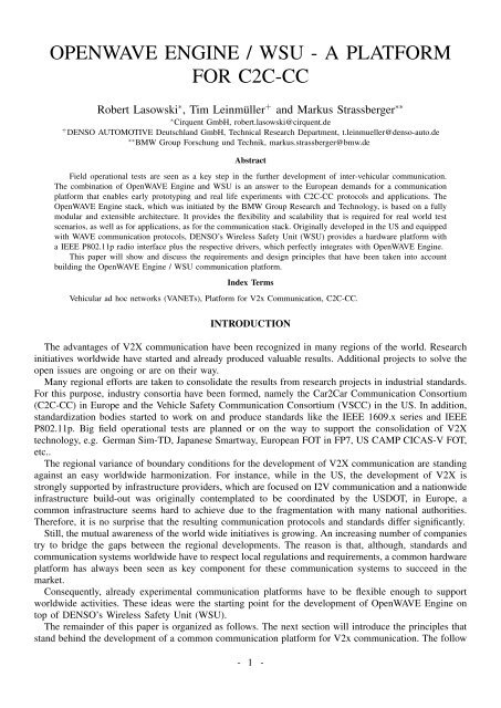 OpenWAVE Engine / WSU - A Platform for C2C-CC