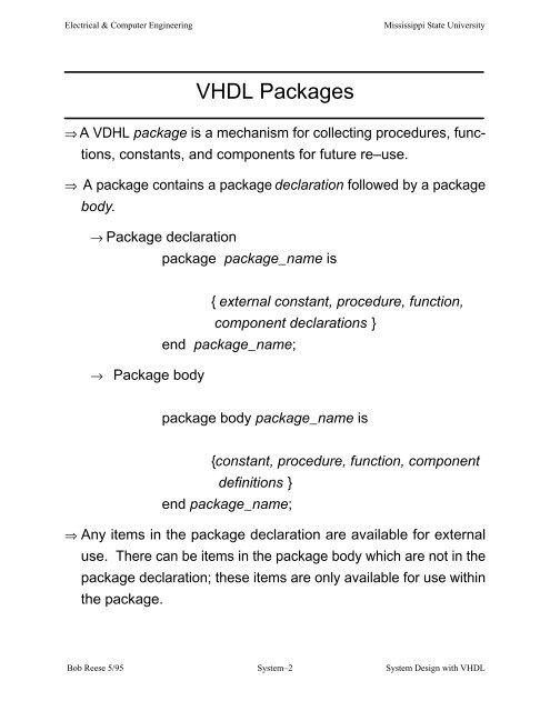 Logic Synthesis with VHDL System Synthesis Bob Reese Electrical ...