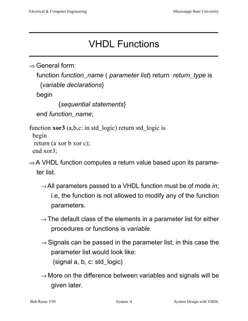 Logic Synthesis with VHDL System Synthesis Bob Reese Electrical ...