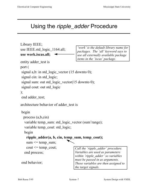 Logic Synthesis with VHDL System Synthesis Bob Reese Electrical ...