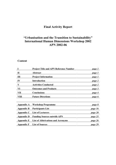 Final Activity Report â€œUrbanisation and the Transition to Sustainabilityâ€