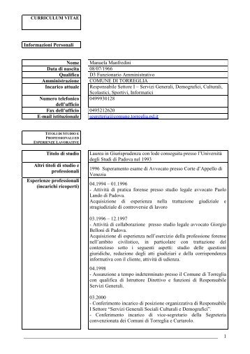 Curriculum e recapiti istituzionali Manuela Manfredini - Comune di ...