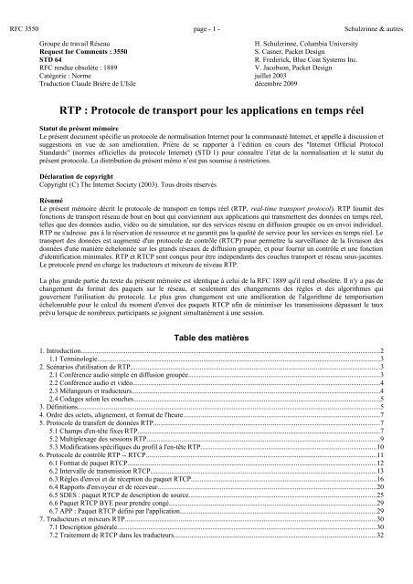 RTP : protocole de transport - RFC