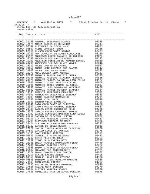 class027 UFC/CCV * Vestibular 2009 * Classificados da 1a. Etapa ...