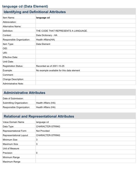 language cd (Data Element) Identifying and Definitional ... - USHIK
