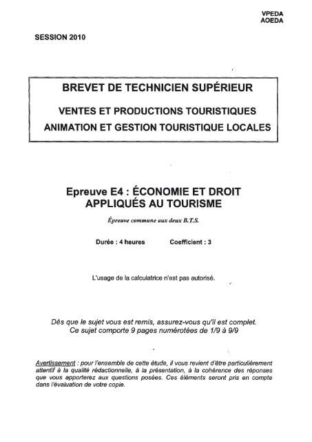 BREVET DE TECHNICIEN SUPÃRIEUR Epreuve E4 ... - Bts Tourisme