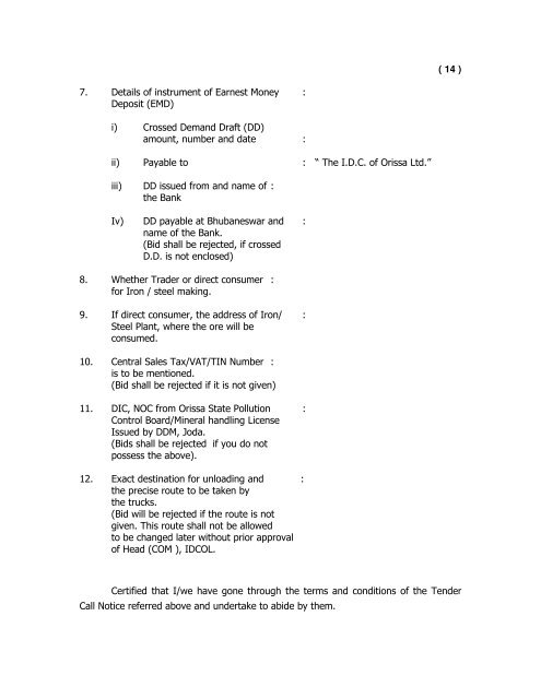 2. The General Bid format and Price Bid format submitted ... - Tender