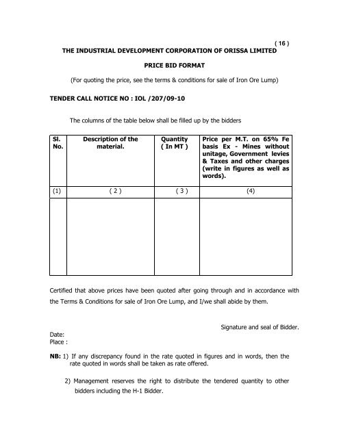 2. The General Bid format and Price Bid format submitted ... - Tender