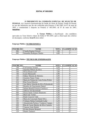 EDITAL DE TESTE SELETIVO NÂº 005-2003 - Olivatti