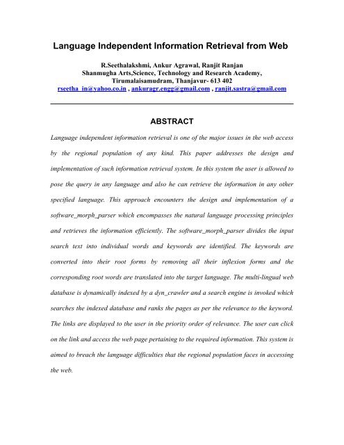 Language Independent Information Retrieval from Web