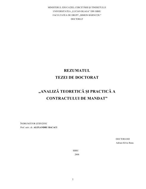 AnalizÄƒ TeoreticÄƒ Si PracticÄƒ A Contractului De Mandat Doctorate