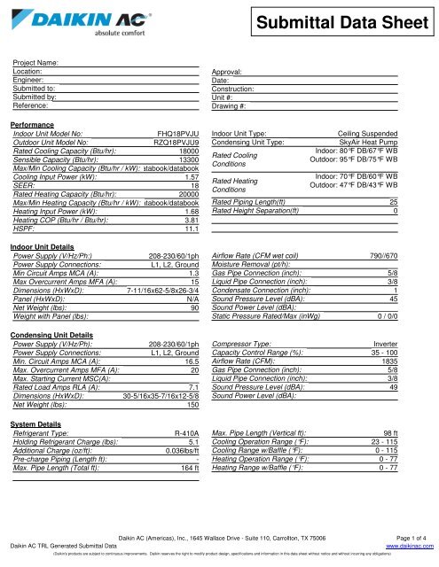 Submittal Data Sheet - Daikin AC