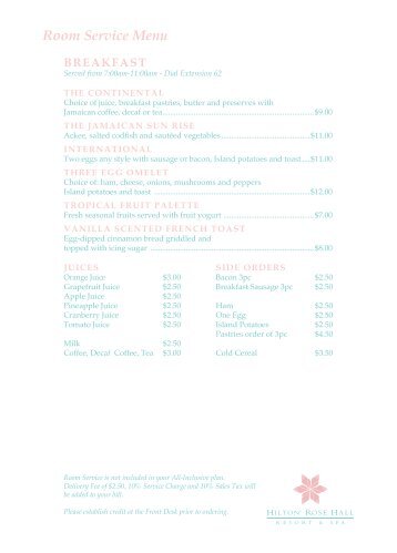 Room Service Menu - Hilton Rose Hall Resort & Spa