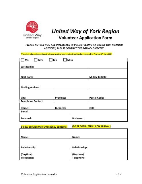 United Way Of York Region Volunteer Application Form