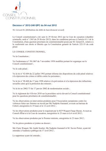 DÃ©cision nÂ° 2012-240 QPC du 04 mai 2012 M. GÃ©rard D. [DÃ©finition ...