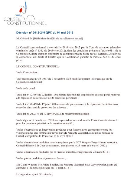 DÃ©cision nÂ° 2012-240 QPC du 04 mai 2012 M. GÃ©rard D. [DÃ©finition ...