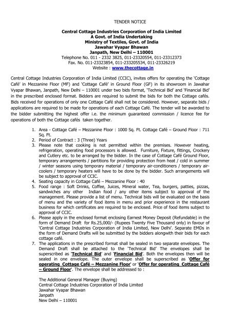 Tender For Operation Of Cottage Cafe Central Cottage Industries